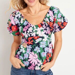 OLD NAVY Waist-Defined V-Neck Floral Smock Back Puff Sleeve Boho Top Size L